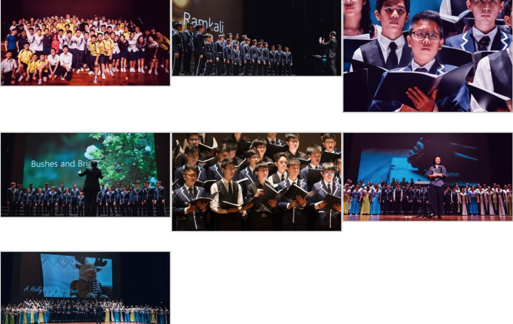 Six photos of school choir performances on stage, with students in uniforms holding sheet music folders.
